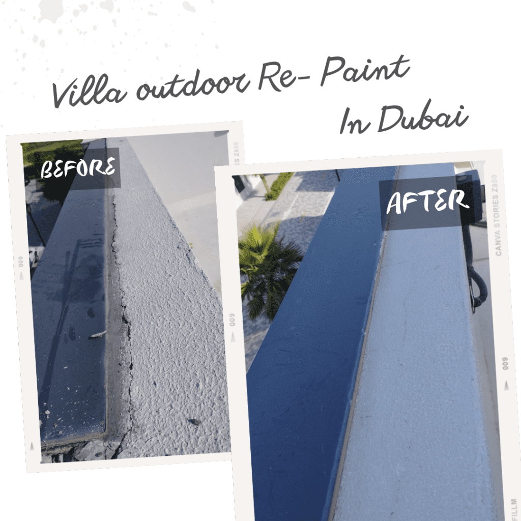 Before and after photos of a repaired and painted outside wall